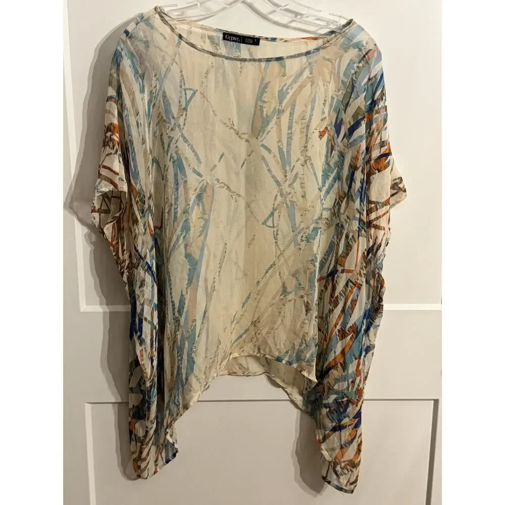 Gypsy 05 Kimono Blouse Womens Small Multicolor Abstract Silk Sheer Dolman Top - Picture 2 of 7